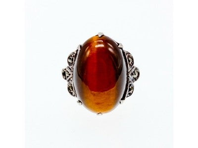 Vintage 925 Sterling Silver Tiger'S Eye & Marcasites Ring Size 6.5