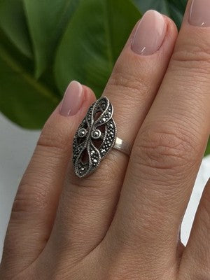Vintage Filigree 925 Sterling Silver Marcasite Ring Size 6