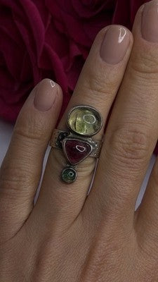Carol Felley Vintage 925 Sterling Silver Peridot & Tourmaline Ring Size 6.5