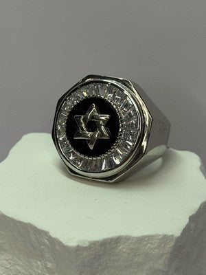 925 Sterling Silver Star of David Onyx & CZ Ring Size 9.5