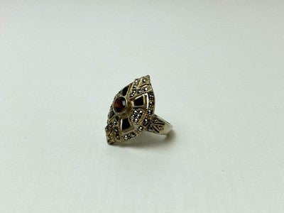 925 Sterling Silver Spessartine, Black Nephrite & Marcasites Ring Size 6.5