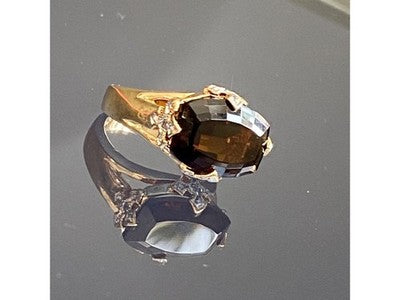 925 Sterling Silver Gold Plated Hessonite & Diamonds Ring Size 5.5