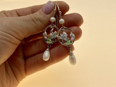 925 Sterling Silver Pearls & Enamel Earrings