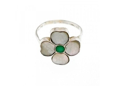 925 Sterling Silver Mother OF Pearl & Green Nephrite "Flower" Ring Size 6.5
