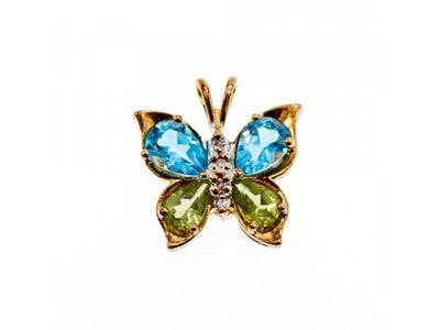 14K Yellow Gold Topaz, Peridot & Diamonds Butterfly Pendant
