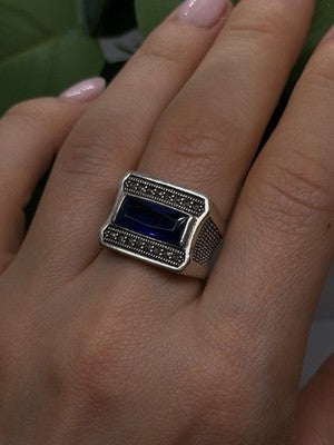 HarlemBling 925 Sterling Silver Sapphire & Marcasite Ring Size 8