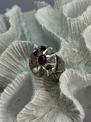925 Sterling Silver Ruby & Multicolor Gemstones Ring Size 8