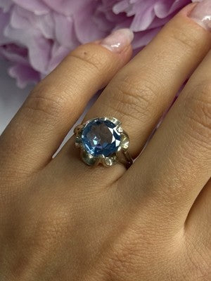 925 Sterling Silver Aquamarine Flower Ring Size 6