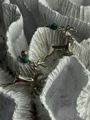 925 Sterling Silver Malachite Deer Earrings Length 1.40 Inch
