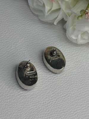 Vintage 925 Sterling Silver Onyx Malachite Agate Earrings Length 0.75 Inch