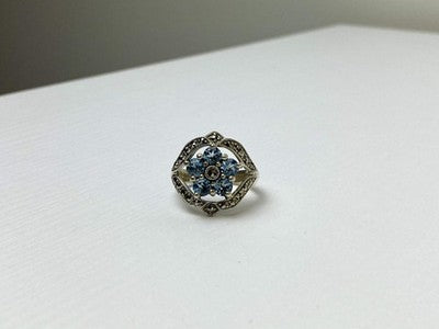 925 Sterling Silver Blue Topaz & Marcasites Ring Size 8