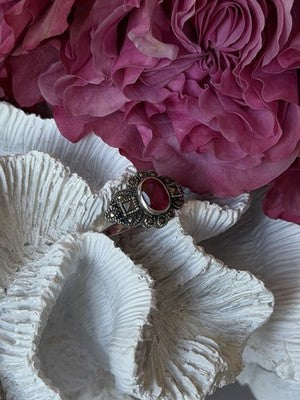 925 Sterling Silver Ruby & Marcasite Ring Size 8