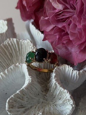 925 Sterling Silver Gold Plated Carved Carnelian Onyx Jade Ring Size 7