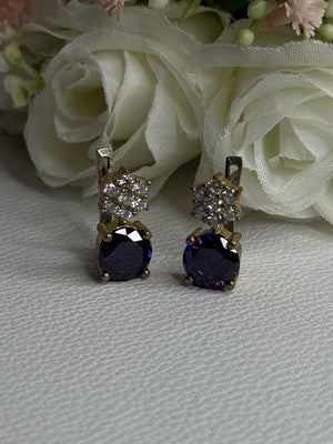 925 Sterling Silver Purple Crystal & CZ Earrings Length 0.70 Inch