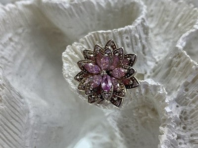 925 Sterling Silver Pink & White CZ "Flower" Ring Size 6.5