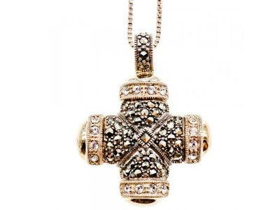 925 Sterling Silver CZ & Marcasites Chain With Cross