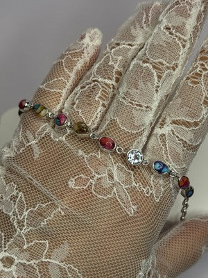 925 Sterling Silver Oyster Turquoise & Topaz Bracelet Length 6-8 Inch