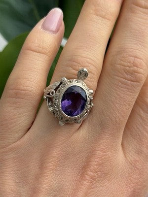 925 Sterling Silver Turtle Amethyst & Marcasite Ring Size 6