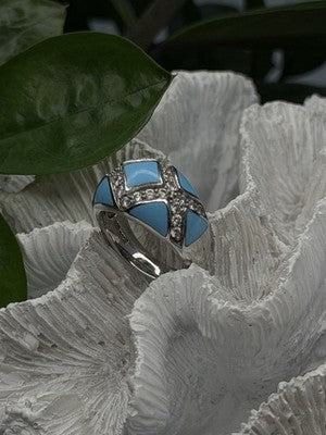 925 Sterling Silver Blue Turquoise & White Colorless Beryl Ring Size 9