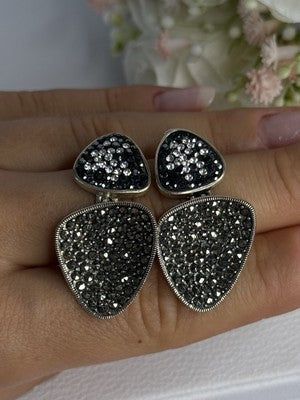 Aesthetic 925 Sterling Silver Marcasite & CZ Earrings Length 1.45 Inch