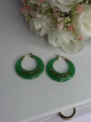 925 Sterling Silver Gold Plated Green Nephrite Jade Earrings Length 1.40 Iinch