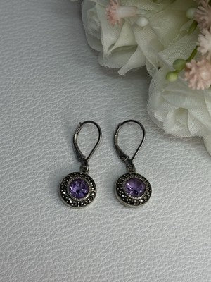 925 Sterling Silver Amethyst & Marcasite Earrings Length 1.12 Inch