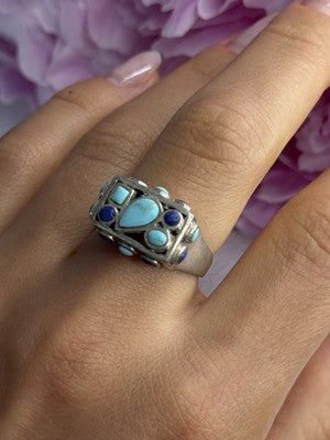 925 Sterling Silver Turquoise & Sodalite Ring Size 7.5