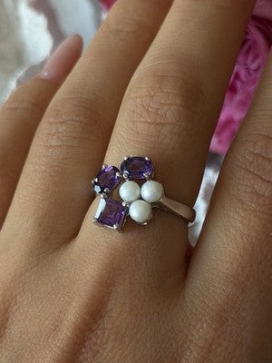 925 Sterling Silver Amethyst & Pearl Ring Size 8