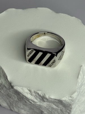 925 Sterling Silver Black Enamel & CZ Men'S Ring Size 11