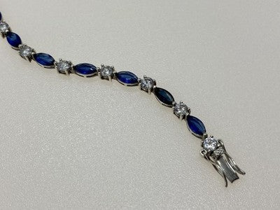 925 Sterling Silver Blue Spinel & CZ Bracelet Size 7.5 IN