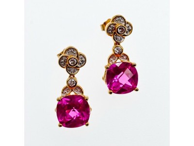 925 Sterling Silver Gold Plated Pink Topaz & CZ Stud Earrings