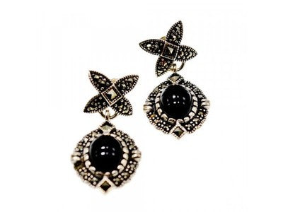 Vintage 925 Sterling Silver Onyx & Marcasites Earrings
