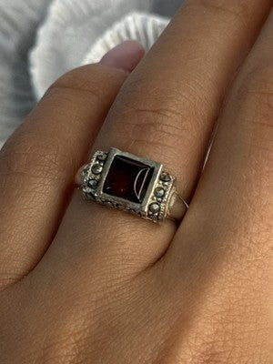 925 Sterling Silver Amber & Marcasite Ring Size 6.5