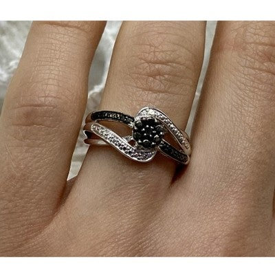 925 Sterling Silver Black Tourmaline (Sherl) "Flower" Ring Size 7