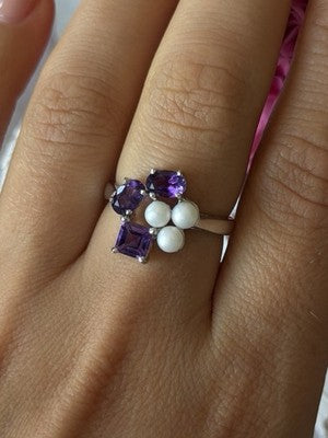 925 Sterling Silver Amethyst & Pearl Ring Size 8