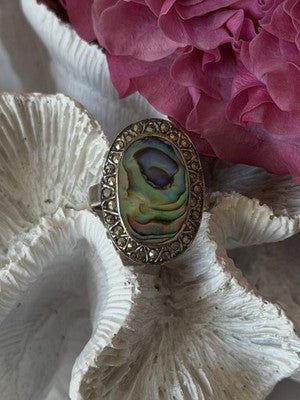 Vintage 925 Sterling Silver Abalone & Marcasite Ring Size 9