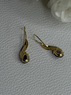 14K Yellow Gold Amethyst Earrings Length 0.90 inch