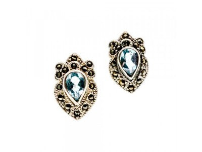 925 Sterling Silver Topaz & Marcasites Stud Earrings