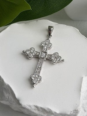 925 Sterling Silver Cz Cross Length 1.9 in
