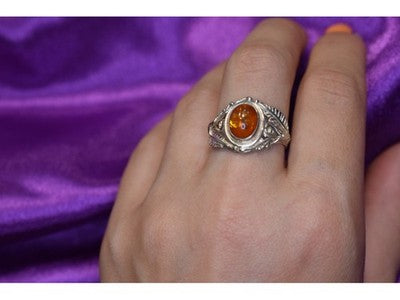 925 Sterling Silver Amber Ring Size 8.5