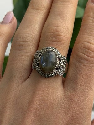 925 Sterling Silver Labradorite & Marcasite Ring Size 10