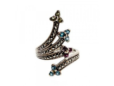 925 Sterling Silver Peridot, Topaz, Spinel & Marcasites Ring Size 6