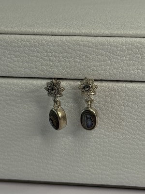 925 Sterling Silver Abalone & Marcasite Earrings Length 0.60 Inch
