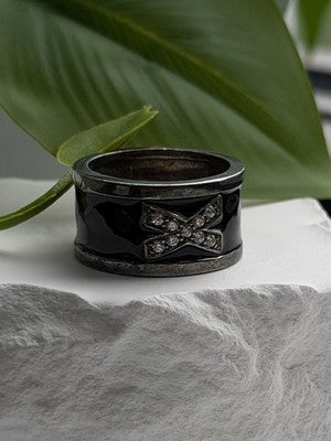 Vintage 925 Sterling Silver Black Enamel & Cz Ring Size 9