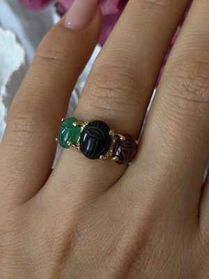 925 Sterling Silver Gold Plated Carved Carnelian Onyx Jade Ring Size 7