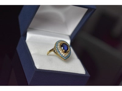 925 Sterling Silver Gold Plated Blue Alpanite, Turquoise & CZ Ring Size 8