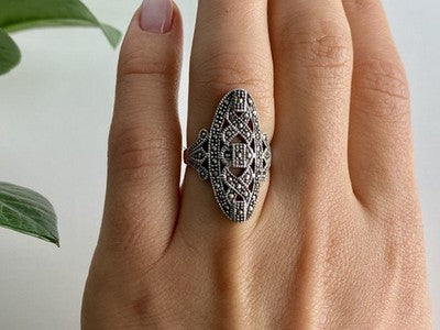 925 Sterling Silver Marcasites Ring Size 6.5