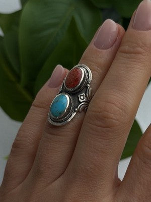 Vintage Boho 925 Sterling Silver Coral & Turquoise Ring Size 5
