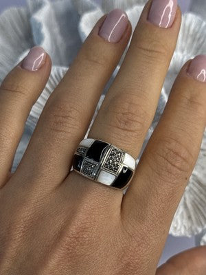 925 Sterling Silver Onyx Abalone Marcasite Ring Size 8