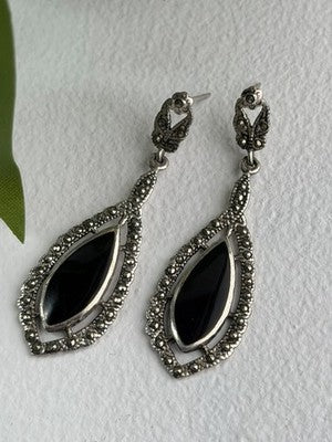 Elegant Vintage 925 Sterling Silver Onyx & Marcasite Earrings